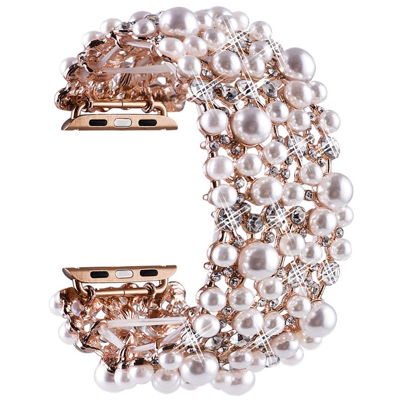 VIQIV Bling Bands Compatible with Apple Watch Band 38mm 40mm 41mm 42mm 44mm 45mm 49mm Iwatch Series SE 9 8 7 6 5 4 3 2 Ultra, Diamond Rhinestone Metal Pearl Dressy Bracelet Wristband Strap for Women - Image 1